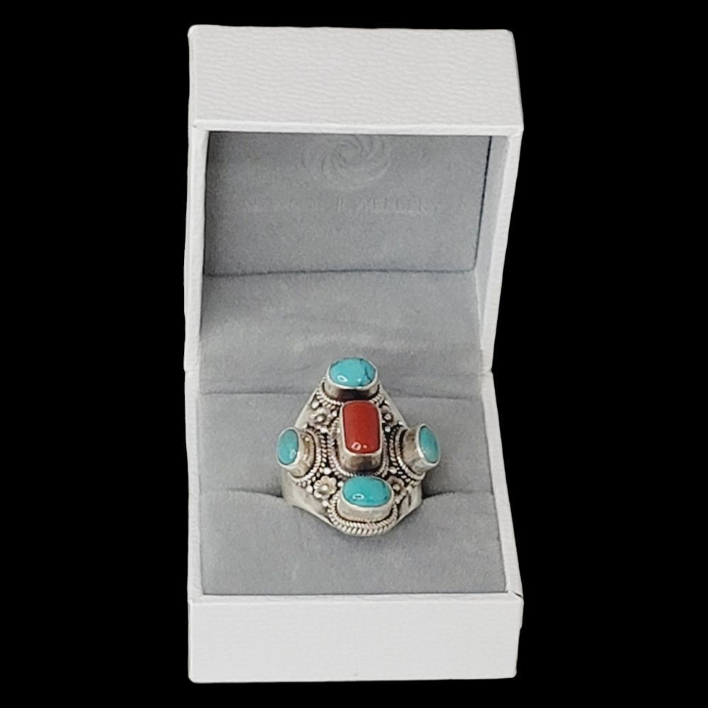 Heavy Native American Turquoise‎ Coral Sterling Silver Ring 9 Adjustable 13.27g